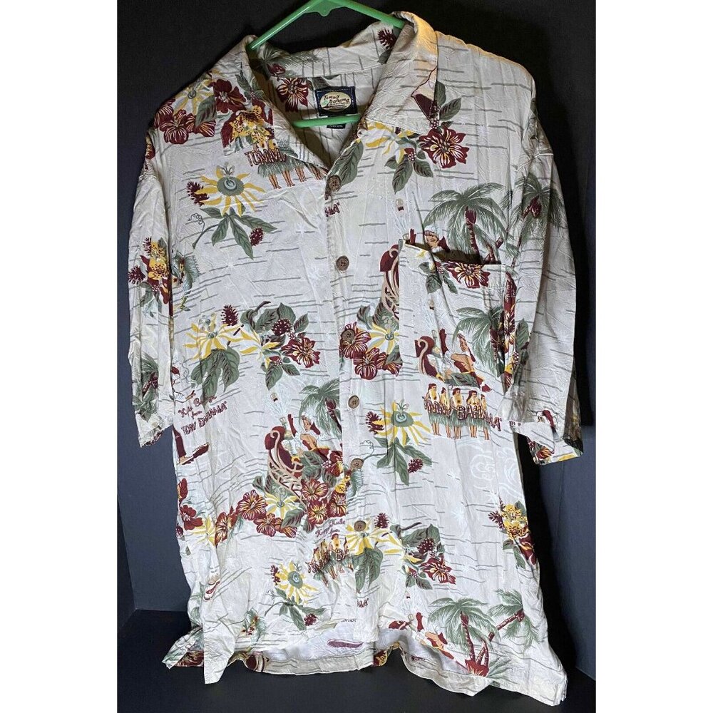 Vtg Tommy Bahama Happy Holidays Mens L 100% Rayon Button Up Beach Hawaiian Shirt